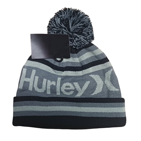 Hurley Ragland Black Gray Pom Beanie Knit Winter Hat Cuffed Acrylic One Size New - Picture 8 of 14